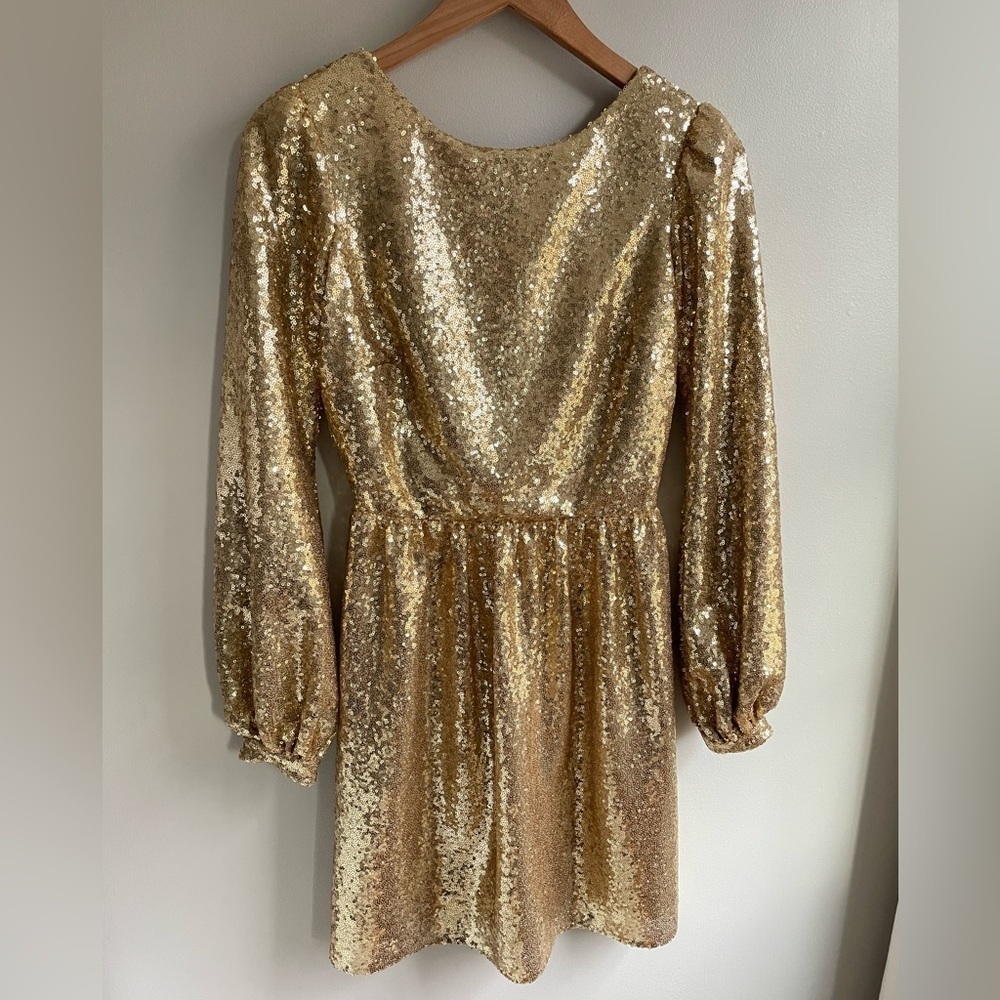 NWT Saloni Camille Gold Sequin Open Back Mini Dress Long Sleeve, US Sz 2